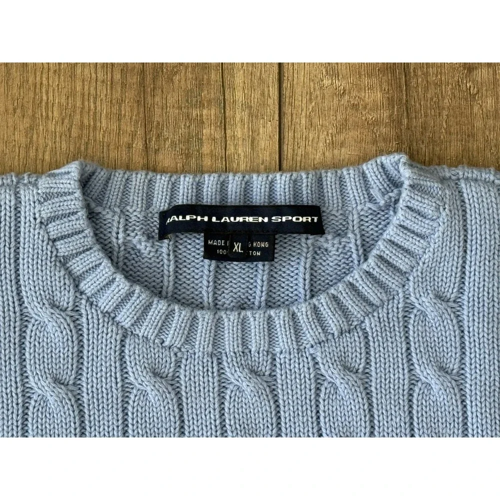 VTG Polo Ralph Lauren Sport Cable Knit Crew Neck Sweater XL/160 Blue Orange Pony - Picture 2 of 10